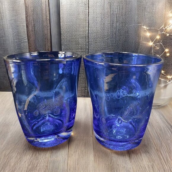 Hudson Grace Other - Hudson Grace Henri Tumbler Glasses Controlled Bubbles Pinched Dark Blue Set 2